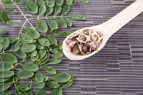 Seeds, leaves and moringa powder - Moringa oleifera