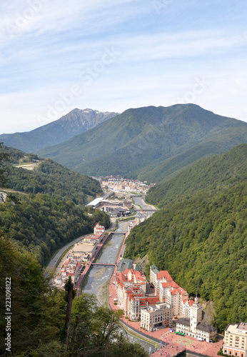 View of the embankment of the river Mtsesta, Krasnaya Polyana, Sochi, Russia