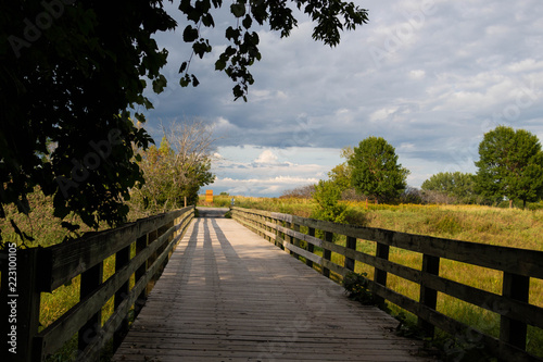 A wooden bridge in the Iles de Boucherville National Park in Quebec, Canada.  photo