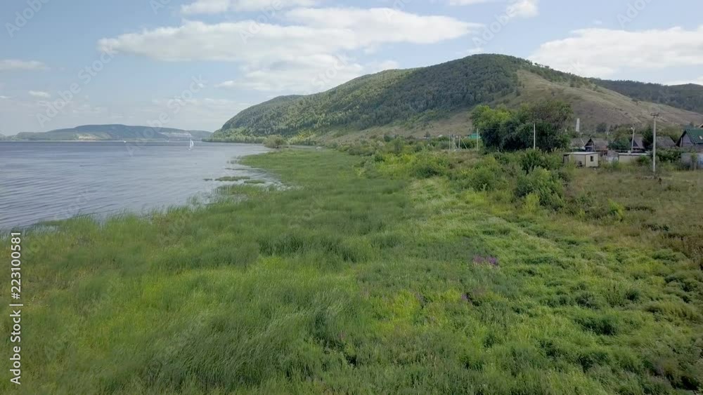 aerial moving shot over river coast covered green grass and wildflowers in summer day aerial moving shot over river coast covered green grass and wildflowers in summer day