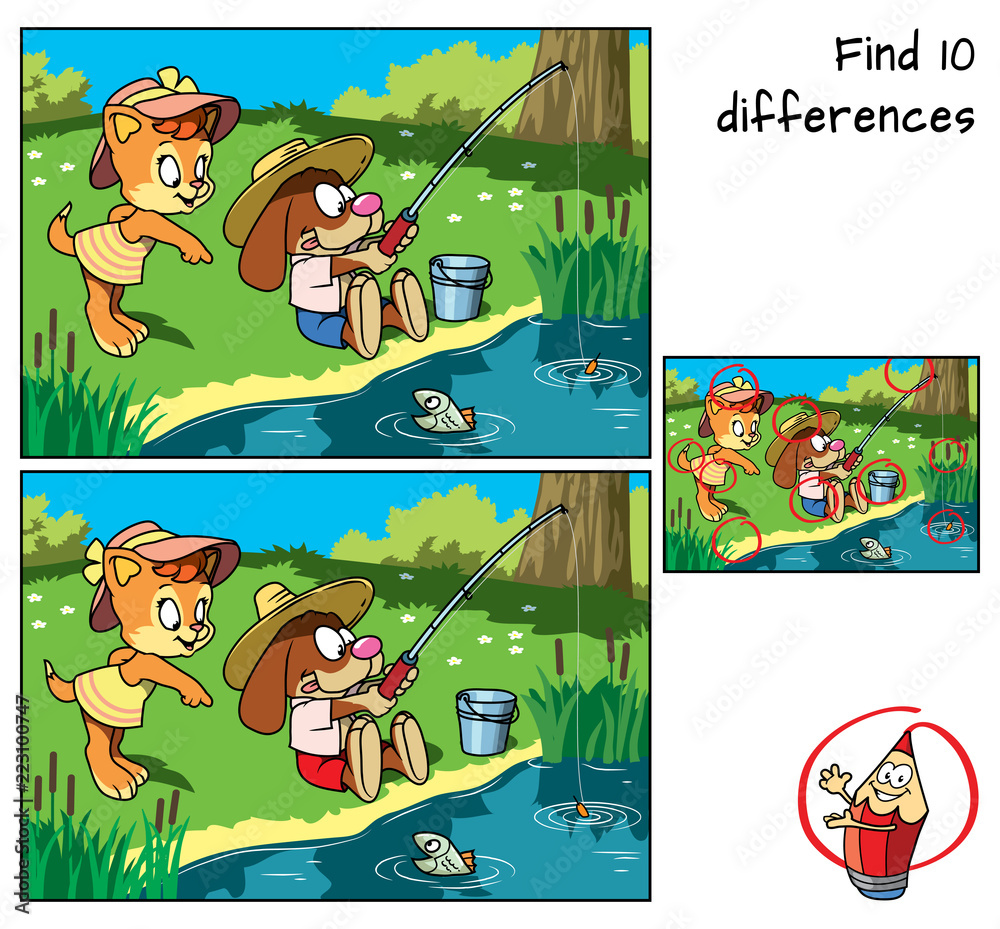 Cute kitty and funny little dog are fishing. Find 10 differences.  Educational game for children. Cartoon vector illustration Stock Vector |  Adobe Stock