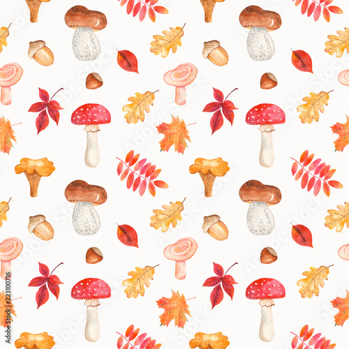 Watercolor seamless pattern with mushrooms, leaves, nuts, acorns. Autumn texture for wallpaper, scrap paper, wrapping, wrapping, postcards, harvest festival.