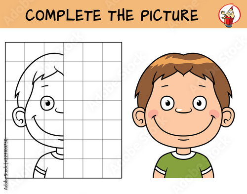 Kid boy's face. Copy the picture. Coloring book. Educational game for children. Cartoon vector illustration