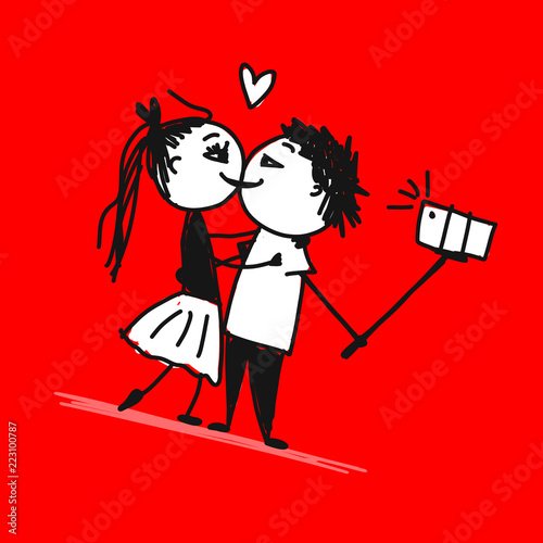 Couple in love do photos with mobile smart phone device using selfie