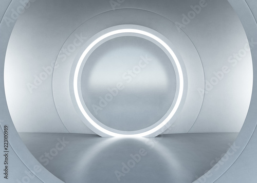 Abstract interior design of modern showroom with empty gray concrete floor and white wall background. Hall or stage 3d illustration.