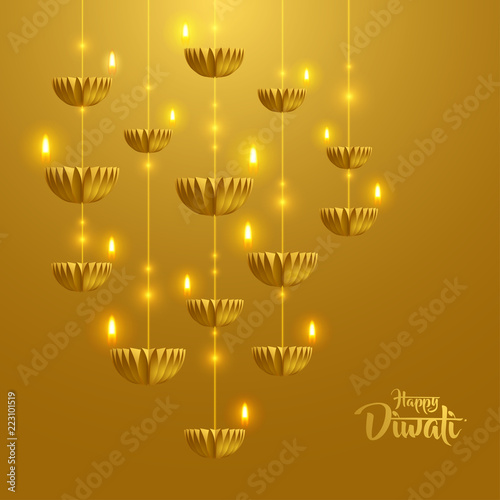 Happy Diwali. Hanging paper graphic of Diya lantern. Indian festival of lights. 