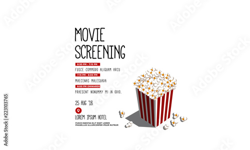 Film Festival Vector Invite Illustration with Popcorn Tub and Venue and Date Details Template