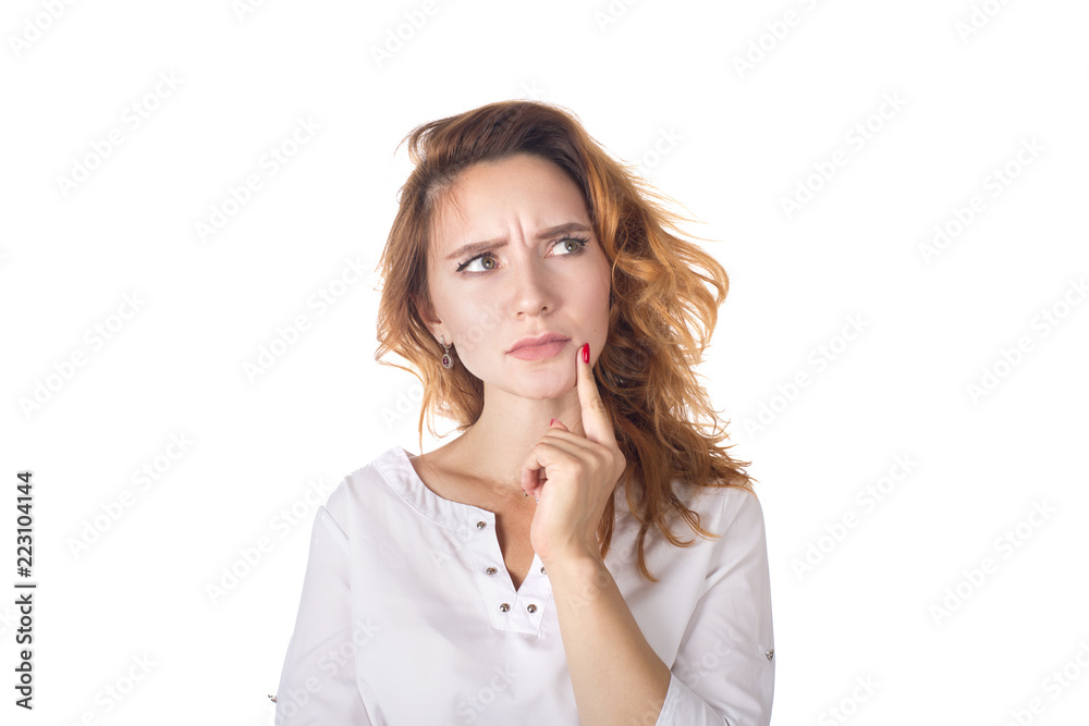 Portrait of a beautiful young woman thinking, isolated on white background. Portrait of a beautiful young woman thinking, isolated on white background.