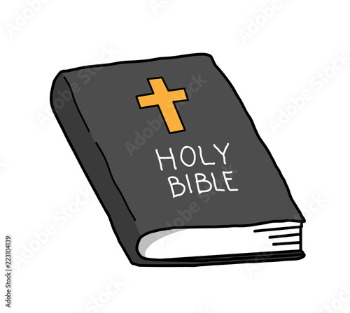 Holy Bible Book of Christian and Catholic teachings with cross symbol on it, hand drawn vector doodle illustration.