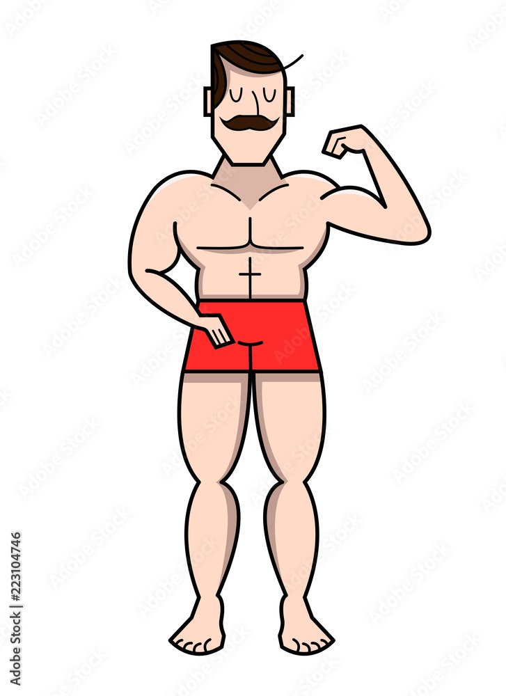 Fototapeta premium cartoon bodybuilder demonstrates bicep, vector illustration