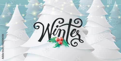 Winter landscape background with paper art and craft style.Glowing lights for Xmas Holiday.Winter Calligraphy design.Vector illustration template.greeting cards.