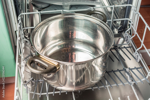 Dirty saucepan lies in the dishwasher