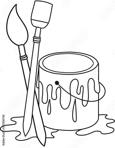 Vector doodle line Sketch of Paint Can and two Brushes