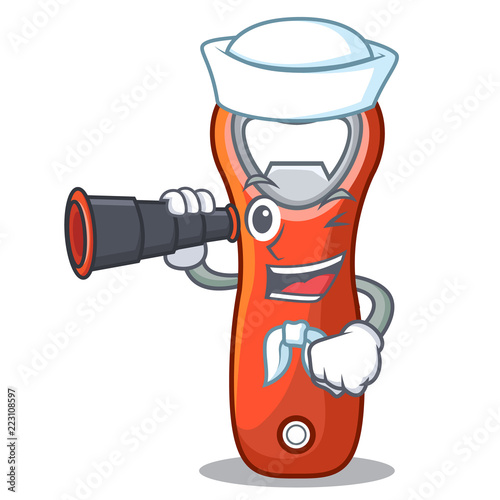 Sailor with binocular plastic bottle opener isolated on cartoon