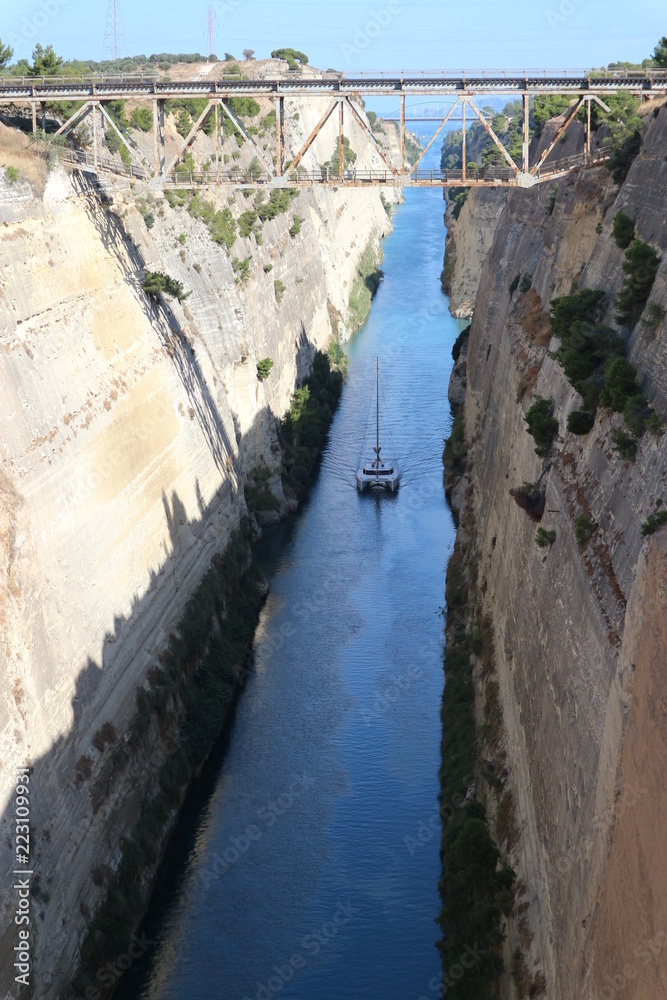 View to Corinth canal and the boat, Peloponnese, Greece