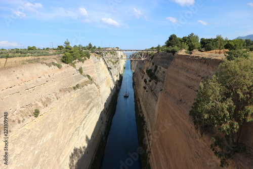 View to Corinth canal and the boat, Peloponnese, Greece