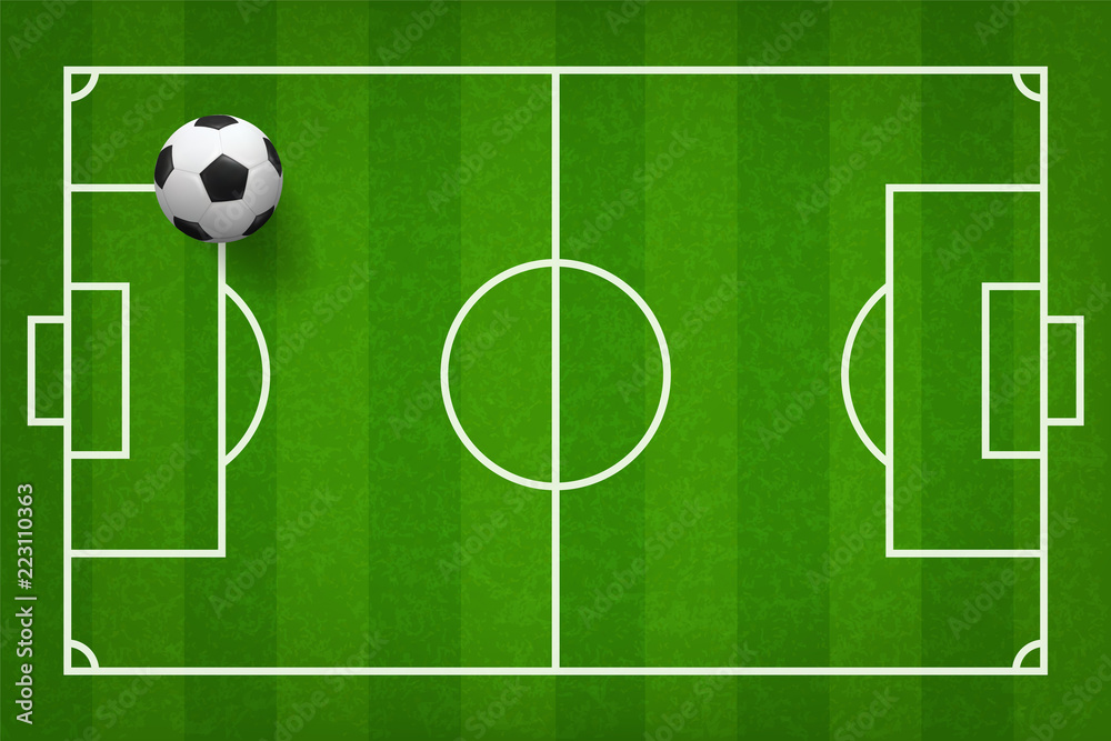 Soccer football ball on green grass of soccer field pattern background. Vector.