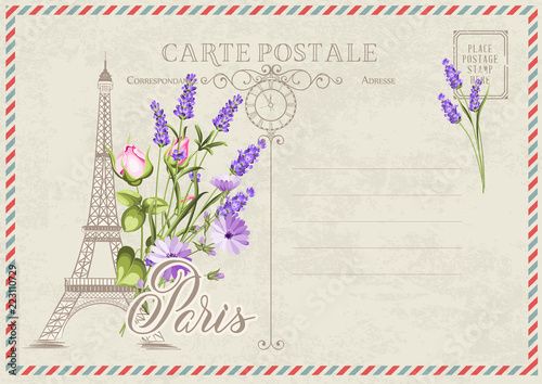 Old blank postcard with post stamps and eiffel tower with lavender and rose on the top. Vector illustrtion.