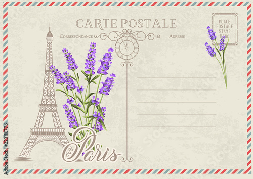 Old blank postcard with post stamps and eiffel tower with lavender on the top. Vector illustrtion.