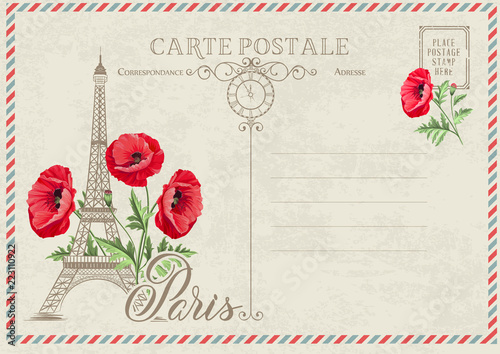 Old blank postcard with post stamps and eiffel tower with spring flowers on the top. Vector illustrtion.