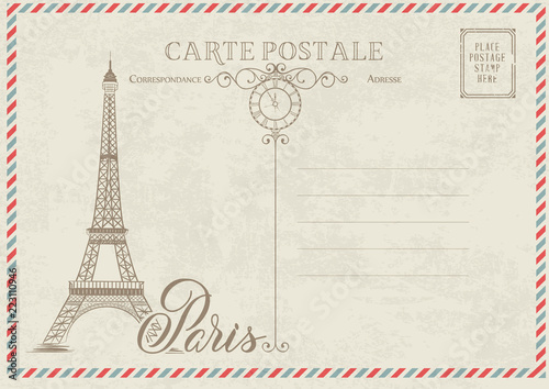 Old blank postcard with post stamps and eiffel tower with spring flowers on the top. Vector illustrtion.