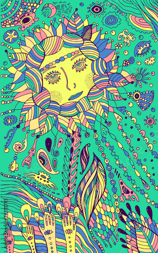 Flower woman - psychedelic colorful art.  Surreal fantasy doodle artwork. Vector illustration