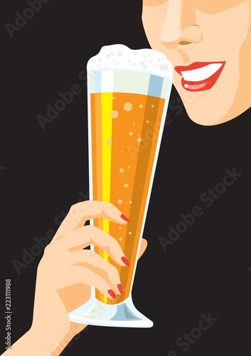 Drinking beer / Woman with a glass of beer. Creative conceptual vector.