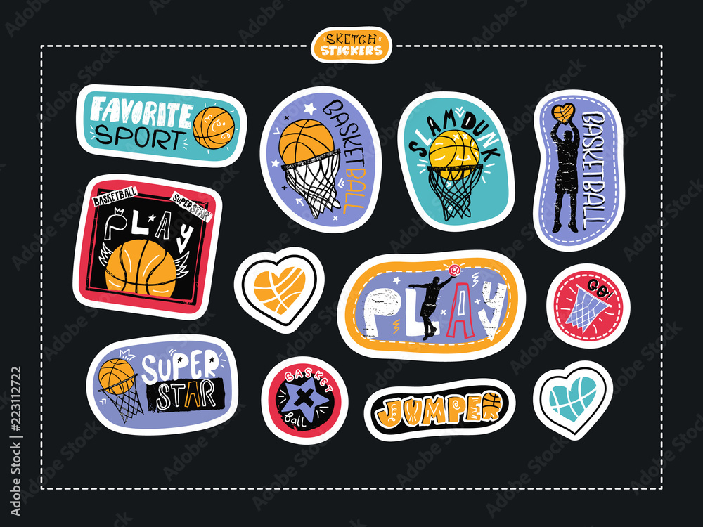 Set sketch stickers, fashion hand drawing illustrations for basketball.  Print design, for boy, for textiles, scrapbook, slogan, sport typography,  play, super star, slam dunk, love, motivation. Stock Vector | Adobe Stock