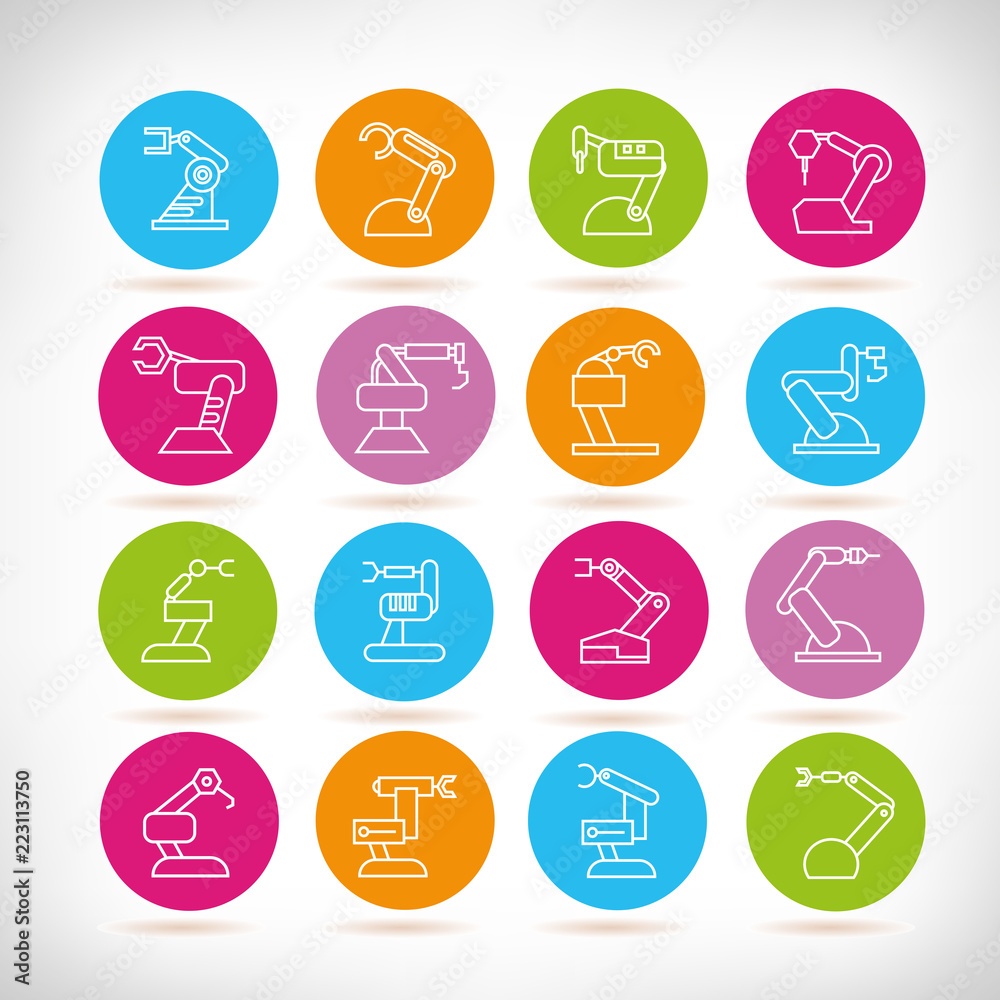 robotic arm icons set in colorful buttons robotic arm icons set in colorful buttons