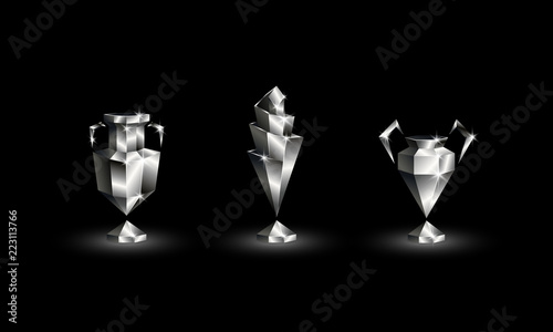 Chromed Low Poly Soccer Cups Set. Abstract Polygonal 3D Football Trophy of Euro, Champions, Nations League.