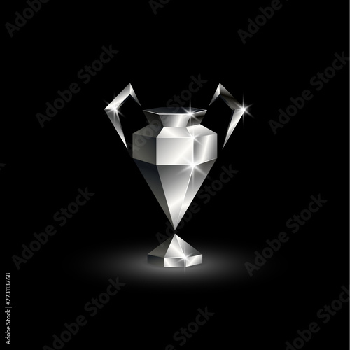 Chromed Low Poly Champions Cup. Abstract Polygonal 3D Soccer League Trophy on  Black Background.