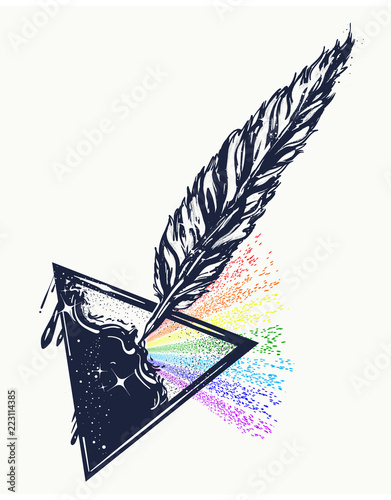 Feather and ink tattoo. Triangular prism breaks white light ray into rainbow spectral colors. Symbol of art, creative, dream, imagination t-shirt design