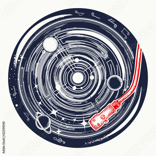 Vinyl disk universe and music notes tattoo. Symbol of space music, meditation, dream, inspiration t-shirt design