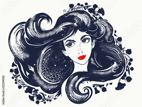 Beautiful girl brunette and flowers two color tattoo. Magic woman, black hair, symbol of spa, beauty salon, fashion face, lady t-shirt design. Goddess art