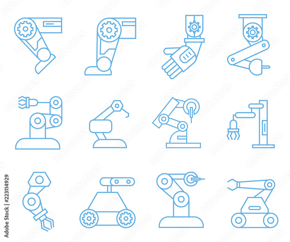 robot arm icons, blue line icons robot arm icons, blue line icons