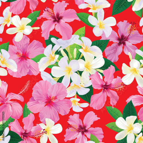 Seamless pattern of plumeria with hibiscus flowers background. Vector set of exotic tropical garden for holiday invitations, greeting card and fashion design.