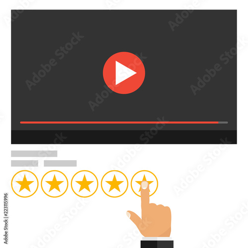 Rating, rating the video. The hand puts a five-star rating on the video. Flat design, vector illustration, vector.