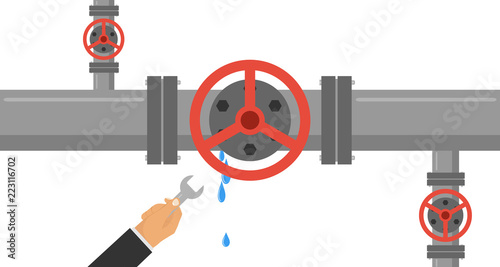 A man with a wrench eliminates the leak in the pipe. The hand holds a wrench and eliminates leakage in the water pipe. Flat design, vector illustration, vector.