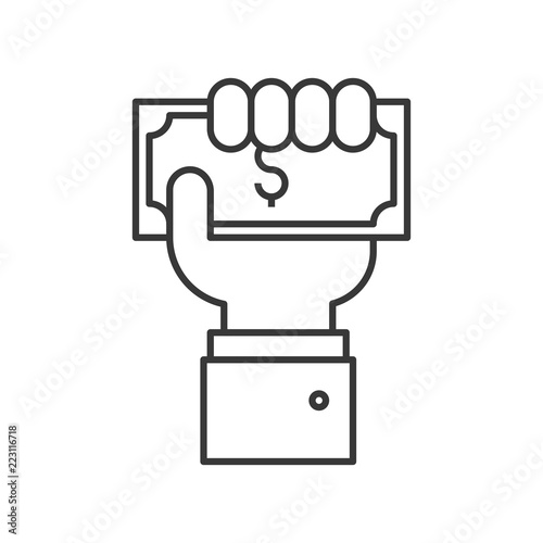 business hand holding dollar bill, payment or crowd funding icon, editable stroke outline