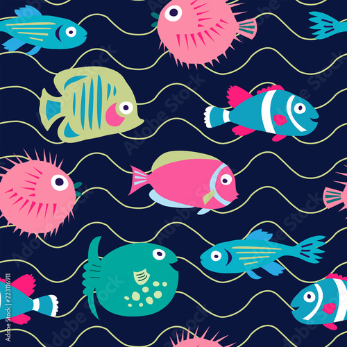 Seamless pattern with cute cartoon fish on a dark background