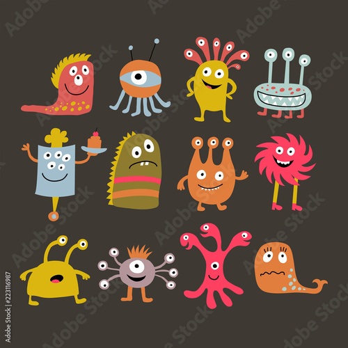 Set with cute cartoon monsters on a dark background