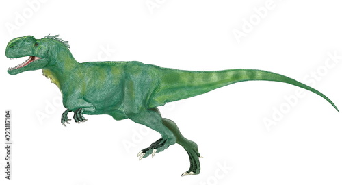 モノルフォサウルス(単冠のトカゲ）ジュラ紀中期の獣脚類。中国、新疆ヴイグル地区で発見された頭部と腰部の一部の化石による再現。全体像は他のカルノサウルス類の恐竜を参考にした。2005年に仕上げたイラスト画像。細部を補正したイラスト画像。 © Mineo