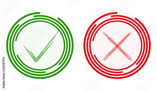 A green tick and a red cross, a statement and a denial. Green and red yes no. Abstract green tick and red cross. Flat design, vector illustration, vector.