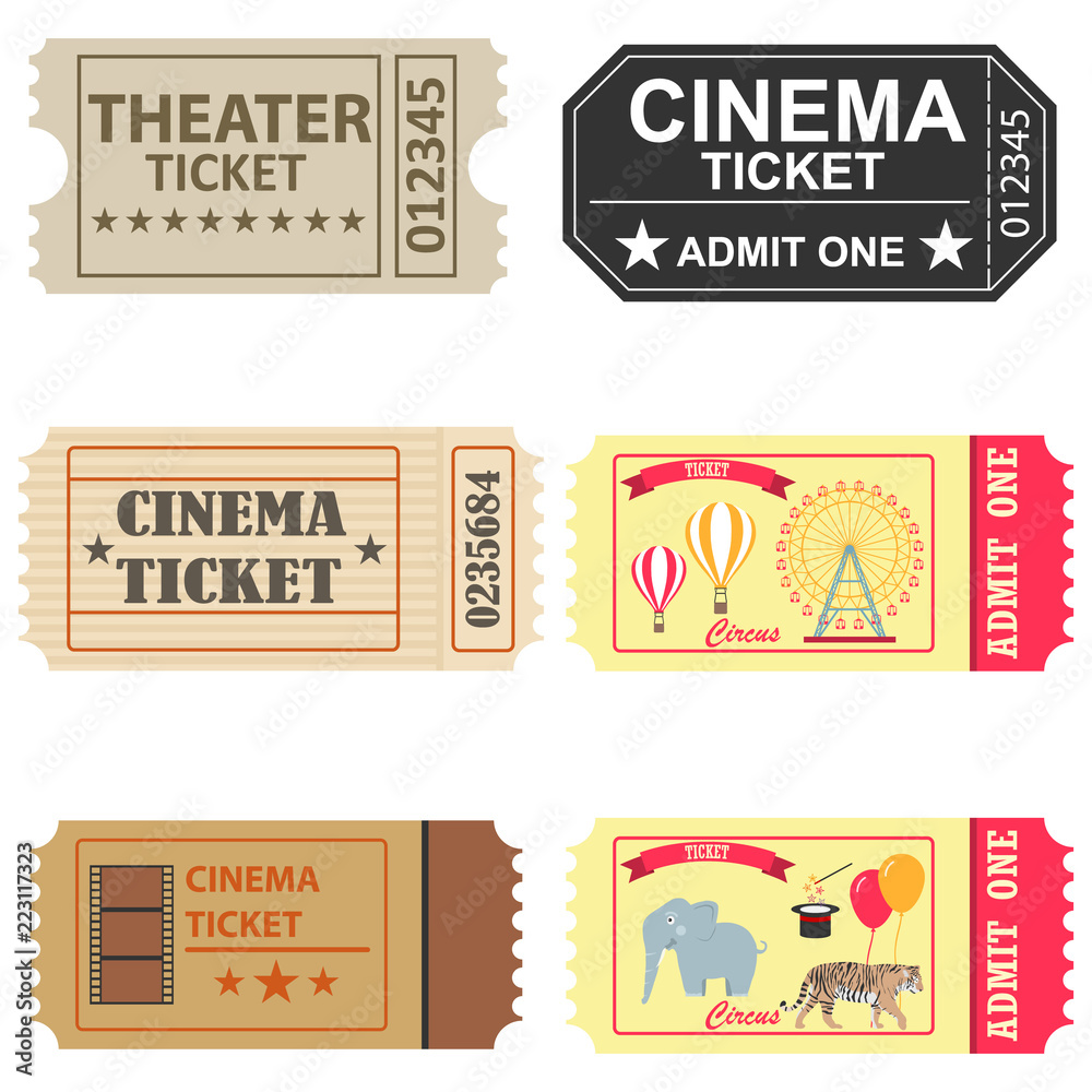 Tickets, a large set of tickets to the cinema, a ticket to the circus and the theater. Flat design, vector illustration, vector.