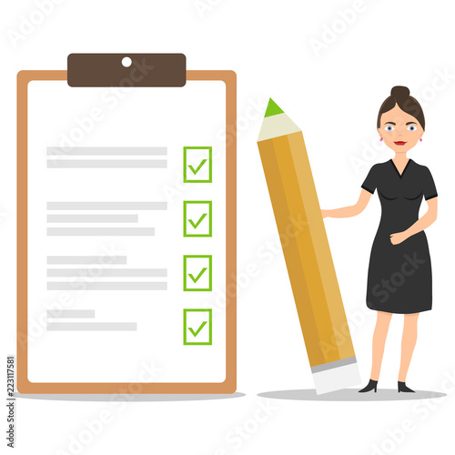 A female businessman holds a pencil with completed tasks and stamped notes. Execution of tasks and setting of green check marks for their performance. Flat design, vector illustration, vector.