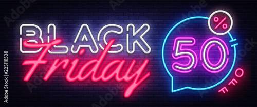 Black Friday Sale Neon Banner Vector. Black Friday neon sign, design template, modern trend design, night neon signboard, night bright advertising, light banner, light art. Vector illustration