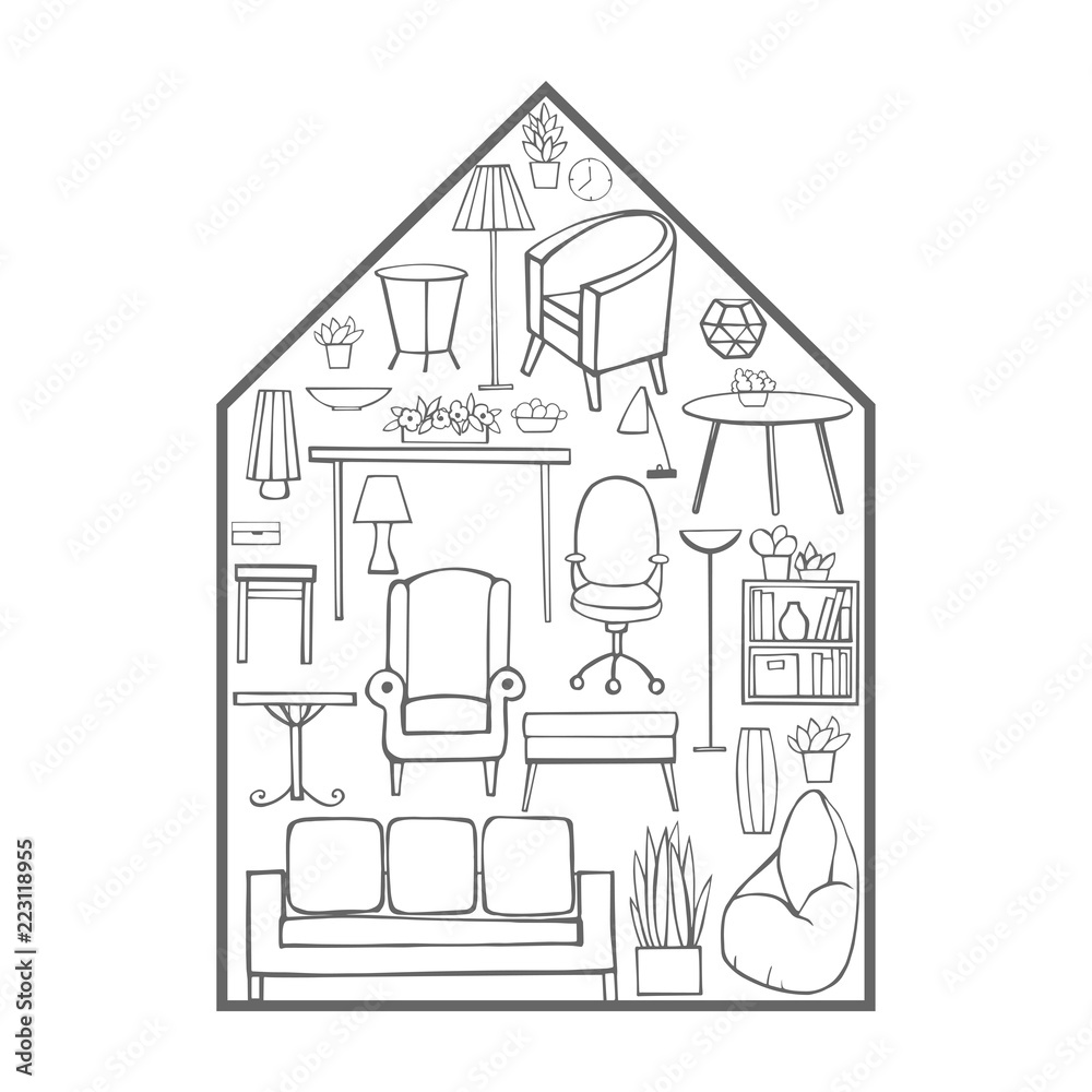 Furniture, lamps and plants for the home.House of furniture. Vector sketch  illustration.