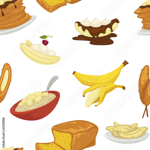 Desserts types banana and bread bakery pattern vector