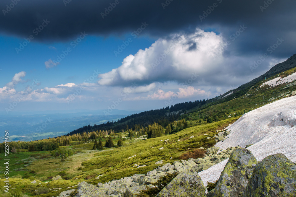 Beautiful summer scenery on a mountain top at Vitosha, Bulgaria - amazing landscape with vivid colors and dark moody skies