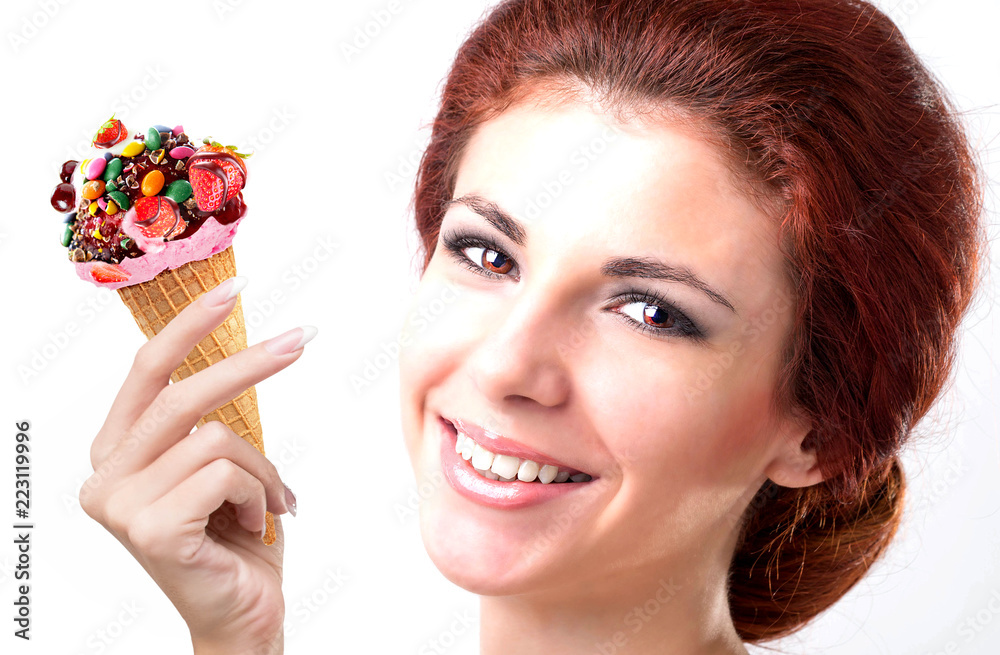 portrait smile woman witch fruit ice cream cone witch fresh berries in white background portrait smile woman witch fruit ice cream cone witch fresh berries in white background